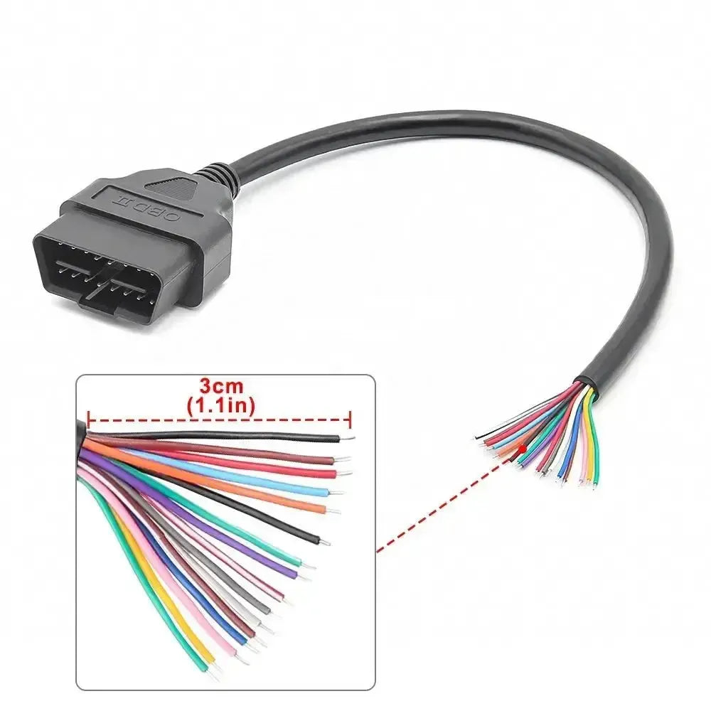 16-pinowy wtyk OBD2 (męski) z 16 otwartymi końcówkami kabli – 30 cm