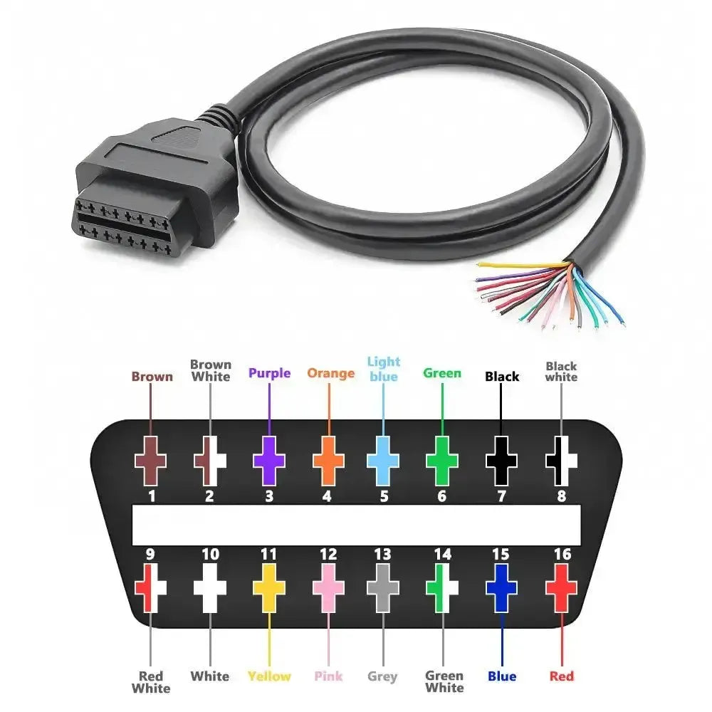 16-pinowa port OBD2 (gniazdo) z 16 otwartymi końcówkami kabli – 100 cm